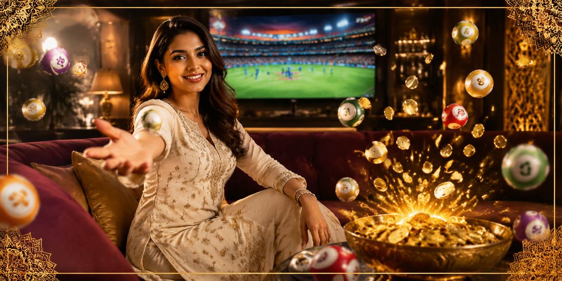 Indian player placing cricket bets on a smartphone app wearing traditional kurti