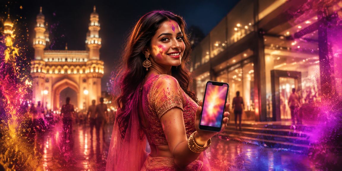 Holi festival celebrations in Lucknow with young man making cricket deposits on phone