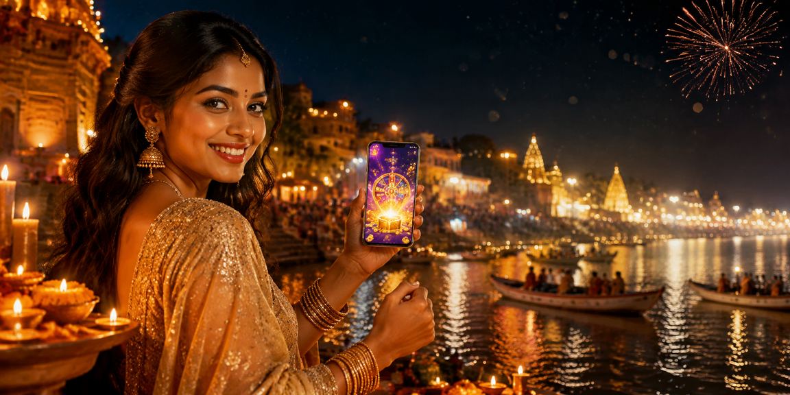 Varanasi ghat with mobile payment scene at night market